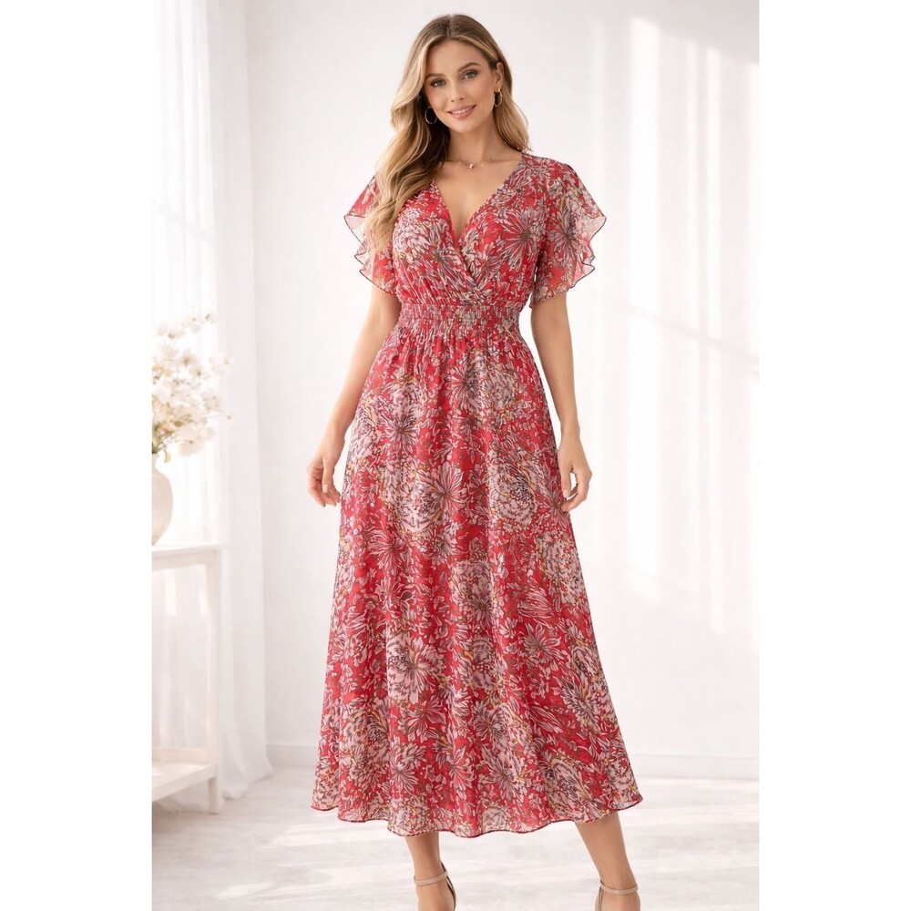 LE RAGAZZE Women's‎ Red Floral Maxi Dress Size XL SILK Blend ITALY MADE Sundress